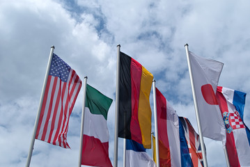 National flags: Flag of the United States, Flag of Germany, Flag of Italy, Union Jack, Flag of Japan