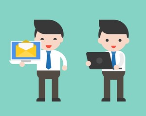 Businessman and laptop, flat design ready to use character