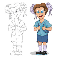 Back to School. Cartoon school girl. Hand drawing of student with a backpack. School kids concept. Happy school children in uniform. Vector graphics to design.