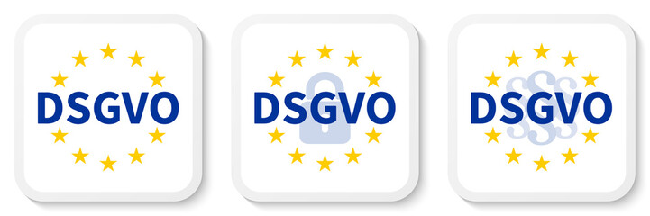 Fototapeta na wymiar DSGVO Weißer Quadrat Aufkleber Set mit EU-Flagge, Vorhängeschloss und Paragraphenzeichen.