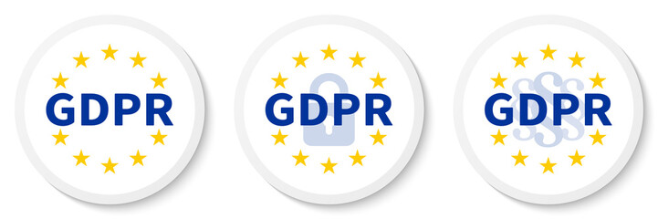 GDPR white circle sticker set with the EU flag, the padlock icon and paragraph marks.