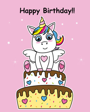 Fototapeta birthday card. Unicorn on top of a cake