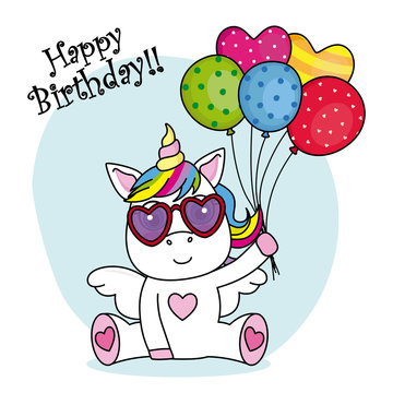 cute unicorn with sunglasses and balloons for birthday party