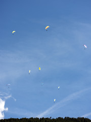 colorful paragliders in expanse of blue sky and white cloud