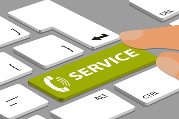 Keyboard With Green Service Telephone Button - Computer Or Laptop With Fingers