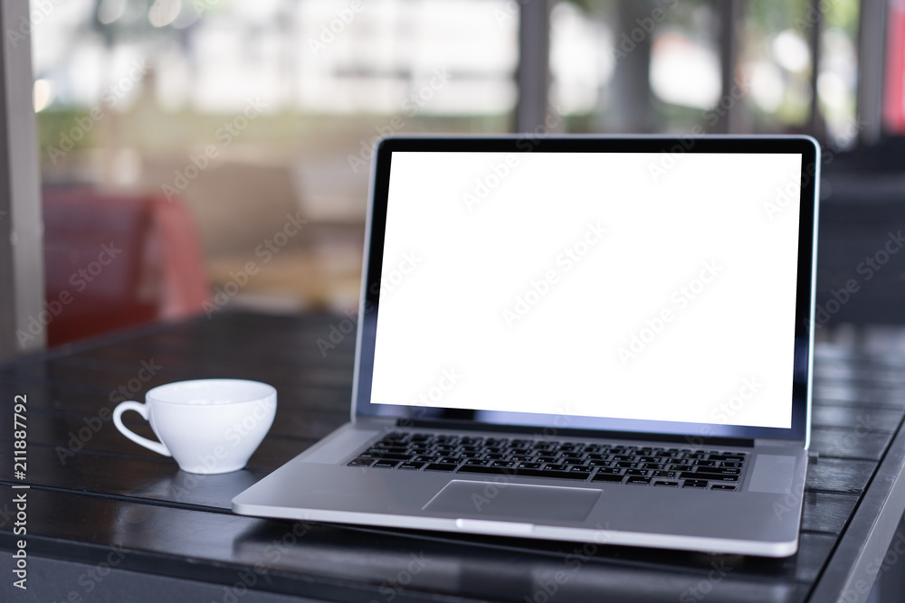 Poster laptop with blank screen on table. workspace background new project on laptop computer with blank co