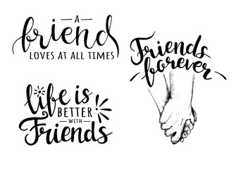 Set of hand drawn lettering about friendship. Happy friends day