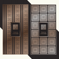 Luxury cards. Vector menu concept with meander pattern. Premium packaging design with greek logo.