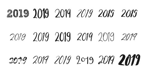 Typography set with calligraphy for 2019 Happy New Year. Vector illustration. New year numbers quote