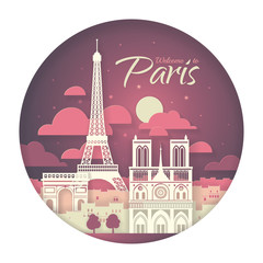 France. Paris with the symbols of the city - Eiffel Tower, Triumphal Arch, Notre Dame Cathedral. Papercut style poster.