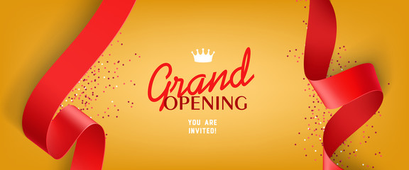 Grand opening invitation design with confetti, red ribbons, and crown. Festive template can be used for banners, flyers, posters.