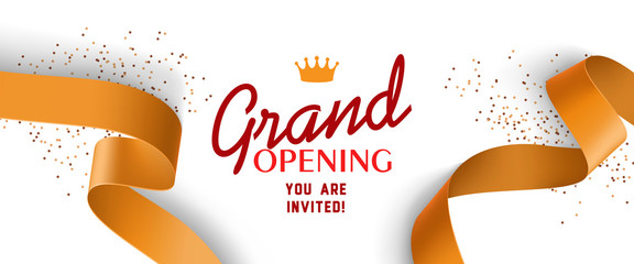 Grand opening invitation design with gold ribbons, crown and confetti. Festive template can be used for banners, flyers, posters.