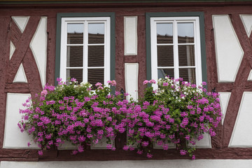 Fototapeta na wymiar Two windows on the ancient half-timbered house . Europe