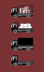 Silhouette Small Trucks with Different Loads Isolated, Empty and Covered Trucks, Lorries with Furniture and Windows, Delivery Services, Transport Services and Logistics, Vector Illustration