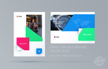 Brochure design rectangular template. Colourful modern abstract set, annual report with shapes for branding.