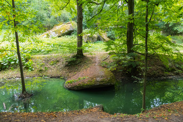 Mysterious meadow in the forest with chaotic, large rocks strewn over mossy trees and a stream of green water flowing between trees with a large boulder on the shore.