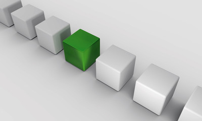 Difference. Cubes in a row. A stone differs from the others in its color. Metaphor for uniqueness. 3D render