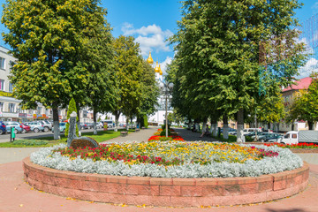 Obraz premium beautiful flowerbed with flowers in the alley in the center of the city