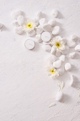 Fototapeta na wymiar Spa setting with white flower ,candle on stone table