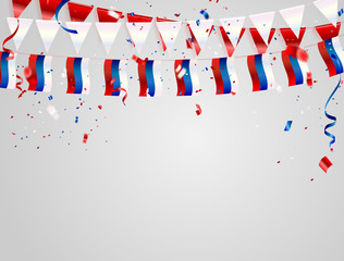 Obraz premium russia flags Celebration background template with confetti and red and blue ribbons.