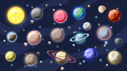 Solar system vector cartoon collection. Planets, moons of Earth, Jupiter and other planet of Solar system, with asteroids, Sun and planet rings. Set of cartooning planets of Solar system, space vector