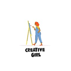 Hand illustration-girl artist and the inscription "Creative girl". Cartoon character.