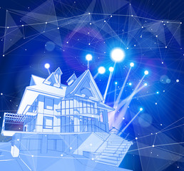 A modern house on a blue background surrounded by digital networks - an illustration of a smart eco-friendly home - the concept of modern information technology smart house or smart city. Vector draw