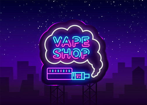 Vape Shop Logo Neon Vector. Vape neon sign design template on theme electronic cigarettes, light banner, night bright advertising for Vaping store, Trendy modern design. Vector Illustration Billboard