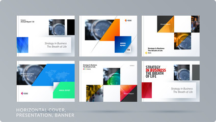 Square design presentation template with colourful rectangles shadows. Abstract vector set of modern horizontal banners