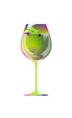 Reflection of a beautiful girl in silhouette glass, sketch goblet absinthe liqueur. Cartoon character and drink. Isolated of white background. Vector illustration. Cocktail Party
