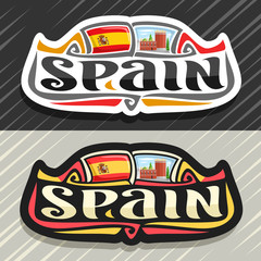 Vector logo for Spain country, fridge magnet with spanish flag, original brush typeface for word spain, spanish symbol - museum and theatre of Salvador Dali in Figueras on blue cloudy sky background.