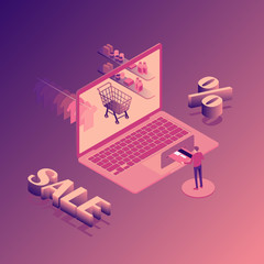 Online shopping sale isometric illustration with laptop, stores orders, buyer isolated vector illustration