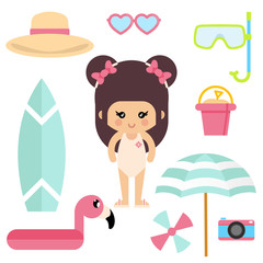 cartoon summer girl in a swimsuit with summer elements