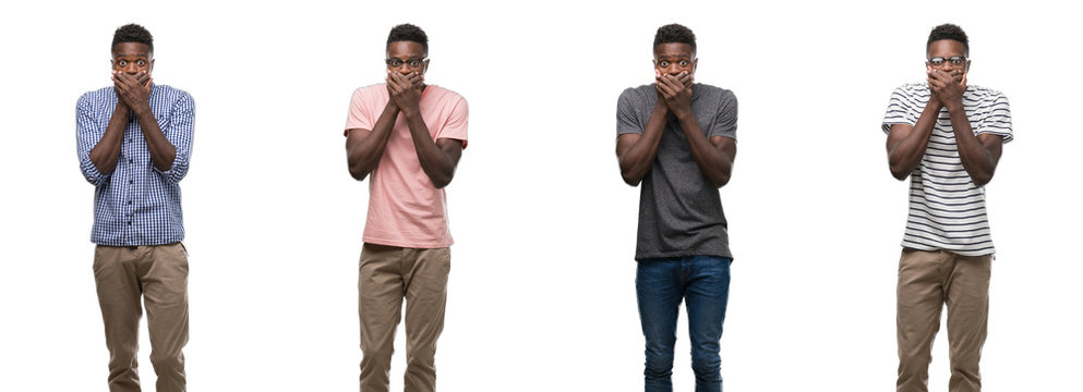 Collage Of African American Man Wearing Different Outfits Shocked Covering Mouth With Hands For Mistake. Secret Concept.