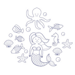 Mermaid and sea animals. Coloring book for children, vector illustration.