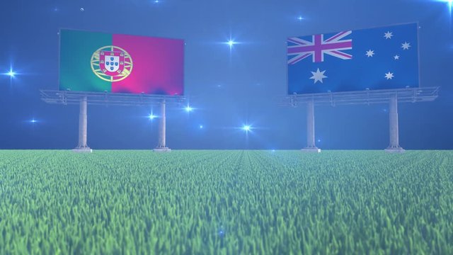 3d animated soccer ball bouncing in front of billboards with the flags of Portugal and Australia with flickering lights in the background in 4K resolution
