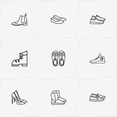 Shoes line icon set with felt boots , lady sandals and boots