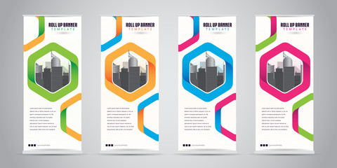 Business Roll Up Banner Standee Design with 4 Various Color Template. Vector Illustration.