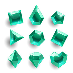 Cartoon green, emerald different shapes crystals