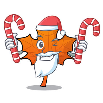 Santa With Candy Red Maple Leaf Mascot Cartoon