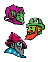 Mascot icon illustration set of heads of a goblin, Irish leprechaun and a wizard, sorcerer, warlock or magician  viewed from side  on isolated background in retro style.