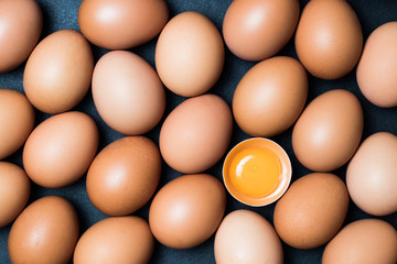 Chicken eggs and egg yolk,top view.