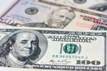 Money. One hundred dollar bill, selective focus