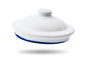 Tea cup cover isolated on white background. Vintage jar lid made from tin material. ( Clipping path )