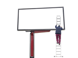 Working man on big city billboard with white space for marketing and commercial communication isolated