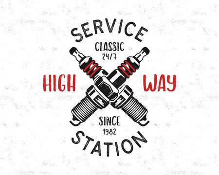 Service station emblem design. Classic garage logo in retro style with monochrome spark plug and typography High way. Mechanic badge. Good for tee. Stock vector isolated on white