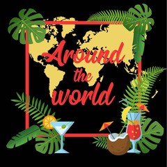 Tropical poster with outline palm leaves. Seasonal background in trendy line flat style.