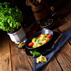 rustic spinach tortellini with cheese and cocktail cocktail tomatoes