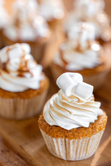 cupcakes or muffins with marshmallow and fried sides, copy space