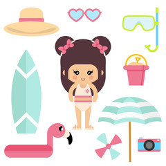 cartoon summer girl in a swimsuit with summer elements vector